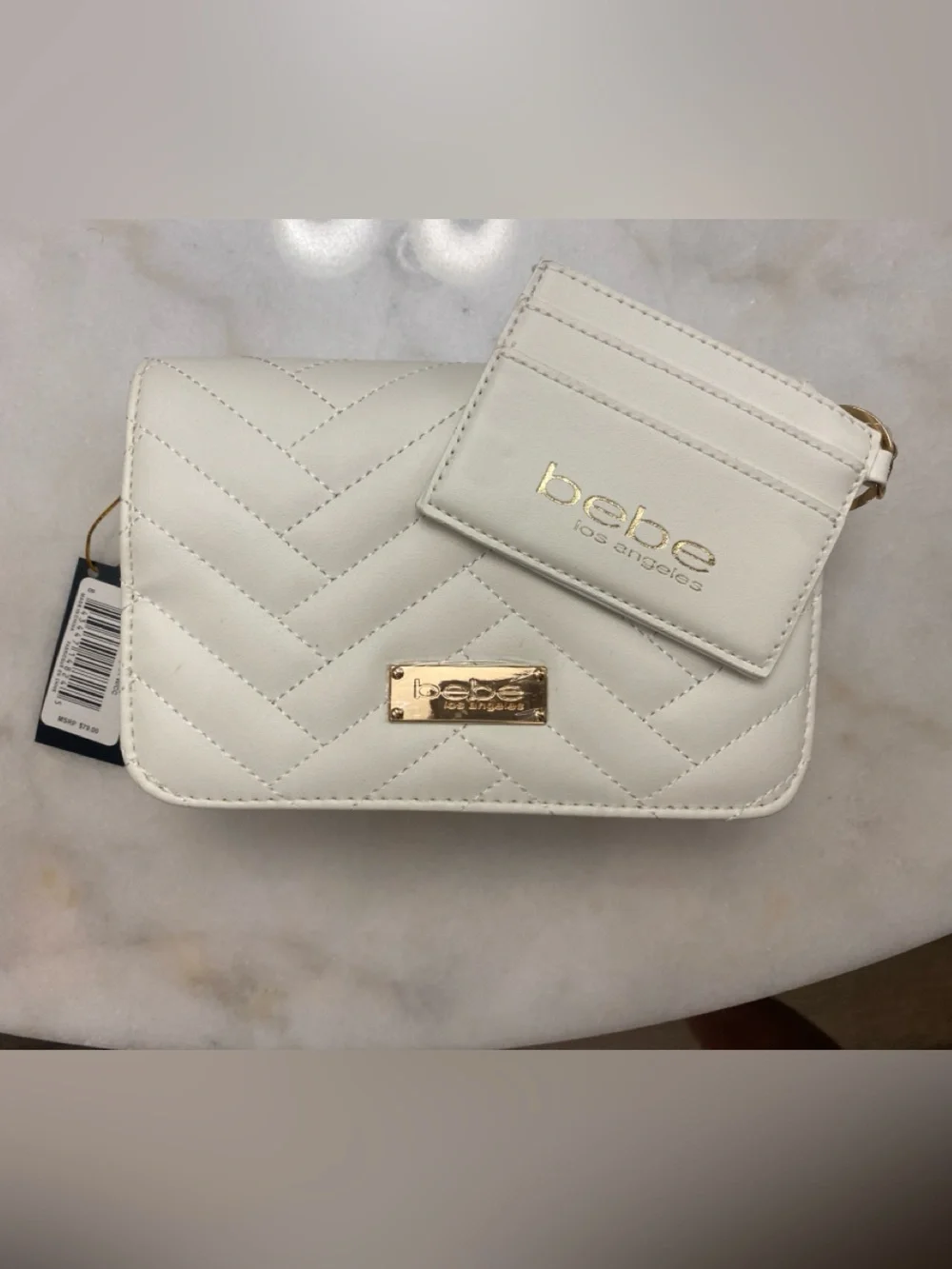 bebe White Quilted purse and Card Holder Set with Gold Accents